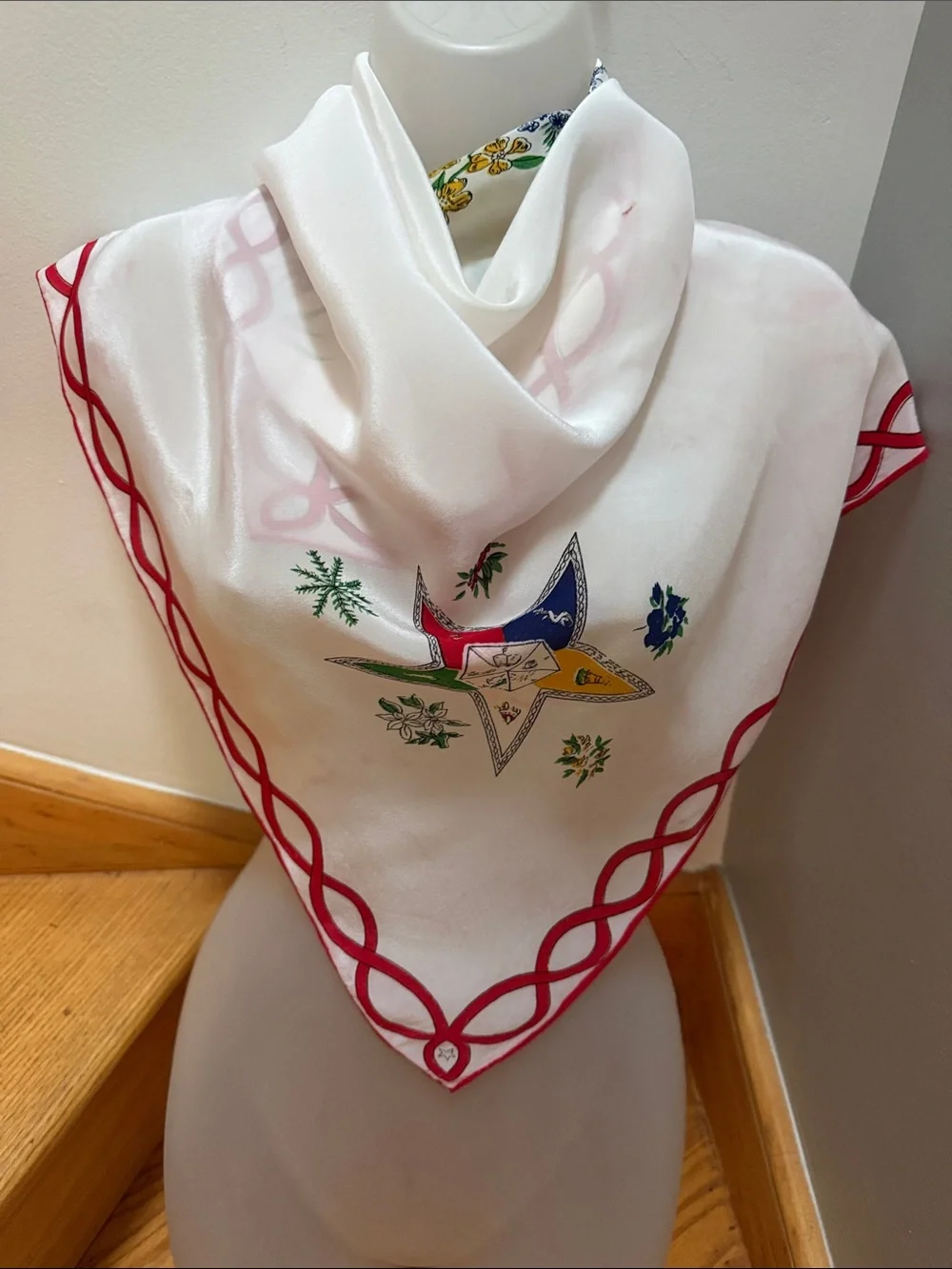 VTG Order of the Eastern Star (OES) Floral Silk Scarf Red Border 1960s – 1970’s